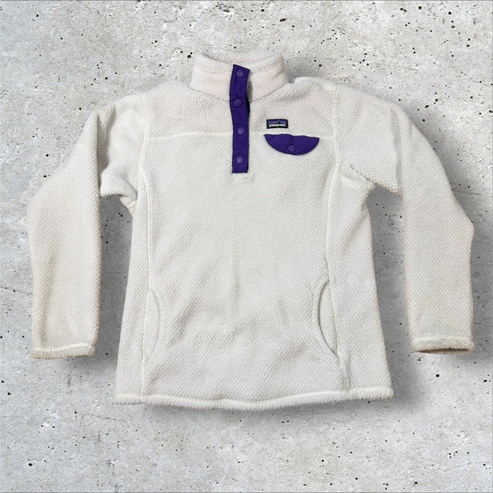 Patagonia Girls Re-Tool Snap-T Fleece Pullover Jacket L 12 White Purple Hiking